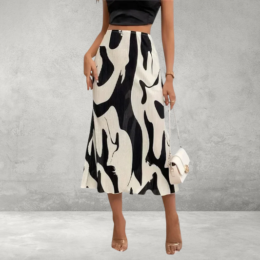 Dames Midi-Rok – Geplooid Model met Grafische Print en Hoge Taille