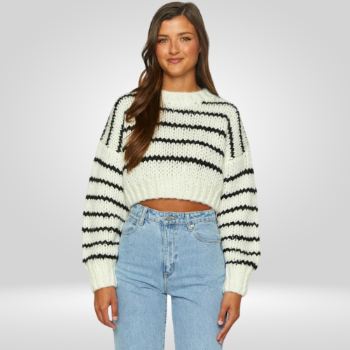 Dames Cropped Sweater – Cozy Gestreepte Trui met Oversized Mouwen