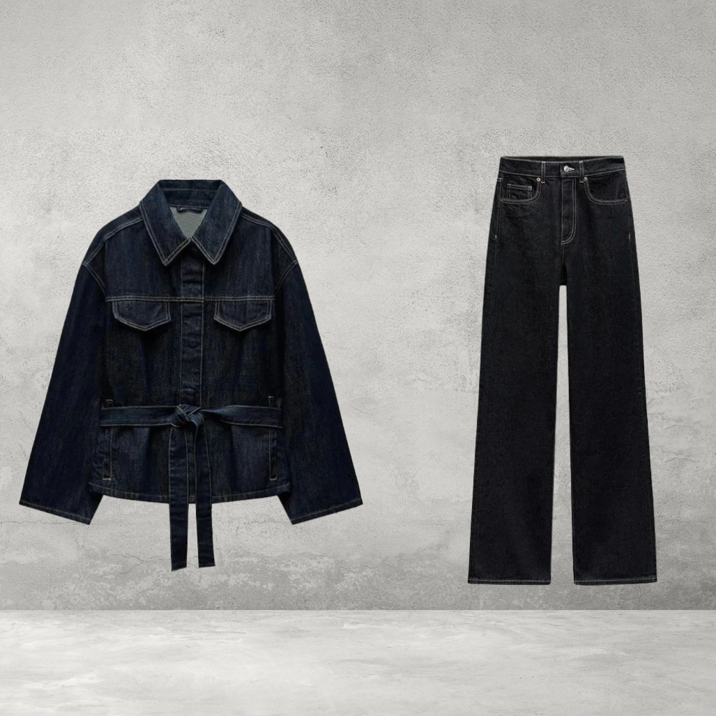Dames Denim Set – Vintage Jas en Broek met Ceintuur