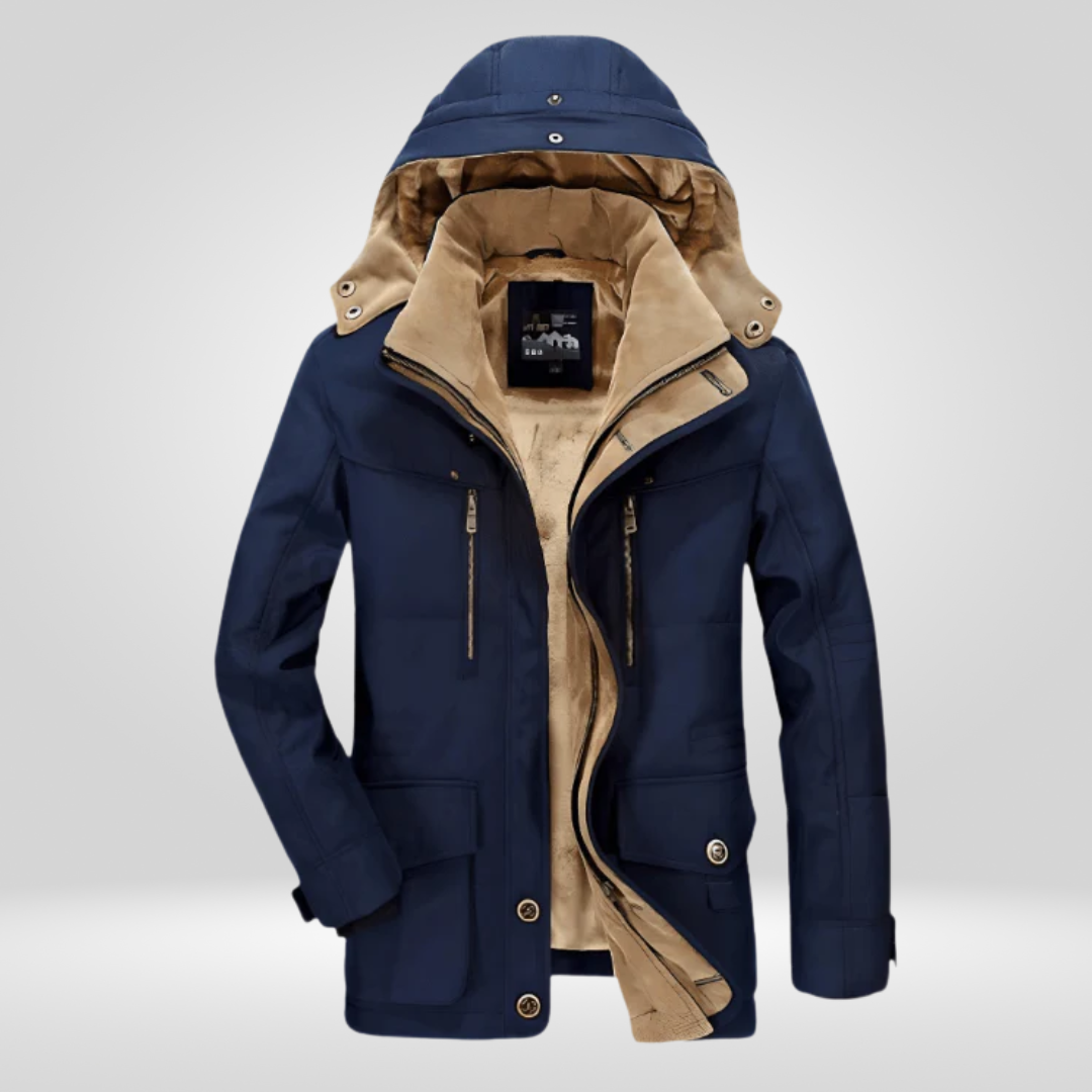 Dikke winter herenjas met capuchon en diepe zakken jas