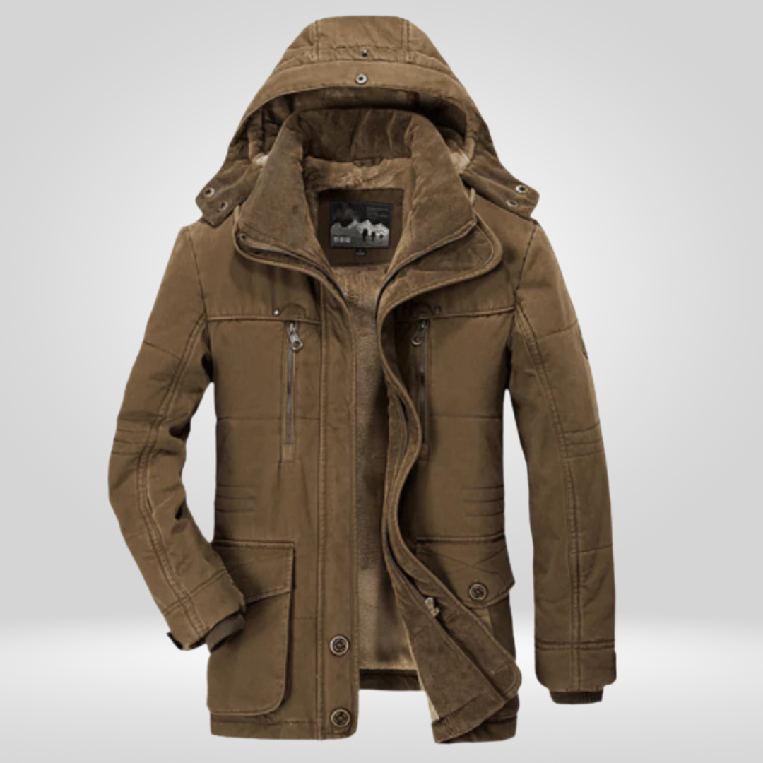 Dikke winter herenjas met capuchon en diepe zakken jas