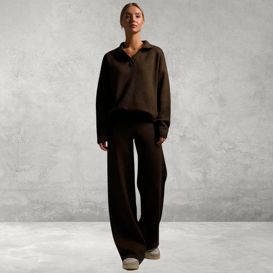 Dames Gebreide Set – 2-Delig met Polo Nek Sweater & Wijde Broek