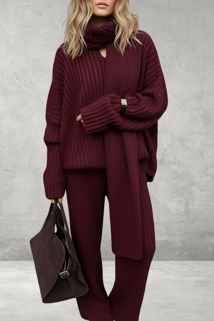 Dames Gebreide Lounge Set – Grijs, 3-Delig met Trui, Broek & Sjaal