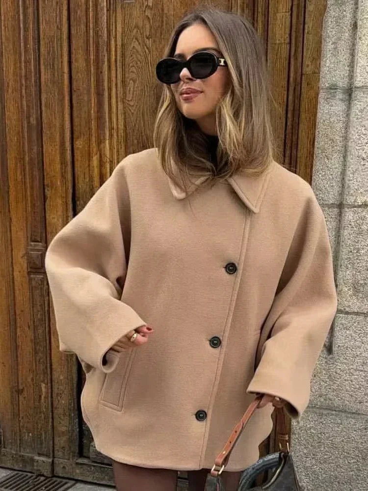 Dames Wolmix Jas – Oversized Revers Jas voor Lente en Herfst