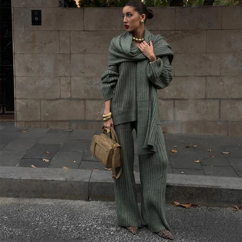 Dames Gebreide Lounge Set – Grijs, 3-Delig met Trui, Broek & Sjaal