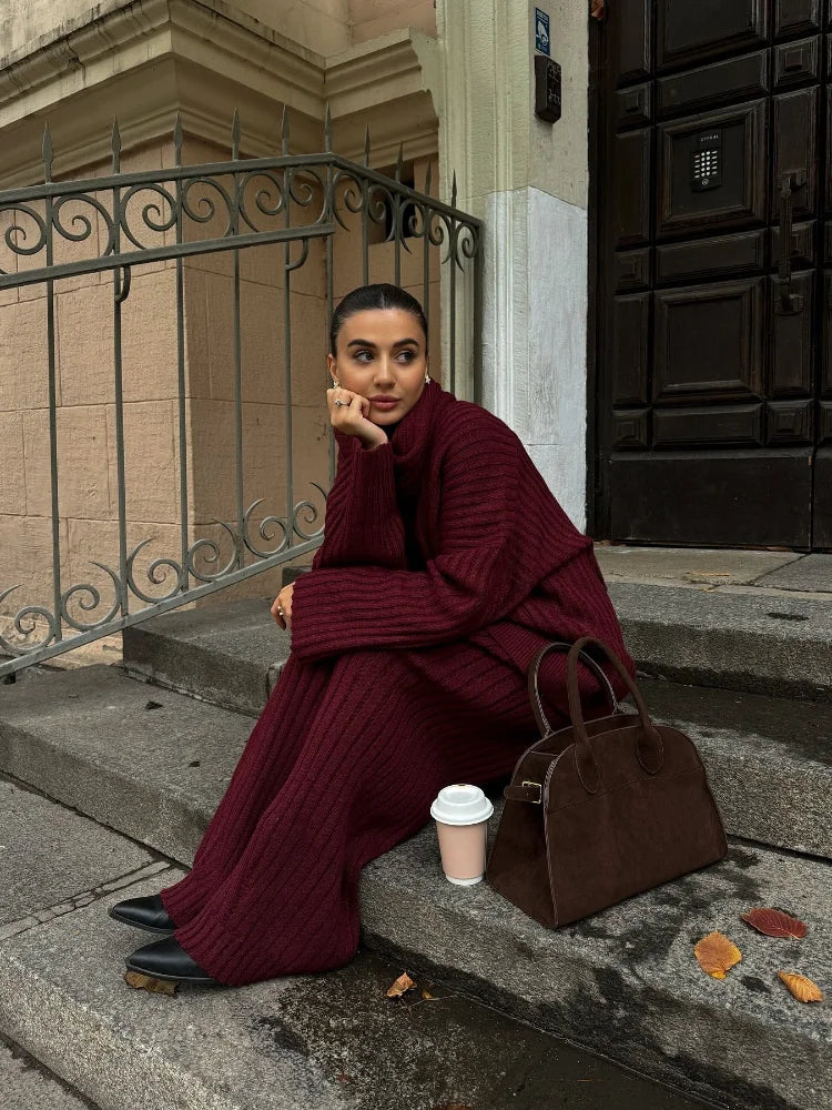 Dames Gebreide Lounge Set – Grijs, 3-Delig met Trui, Broek & Sjaal