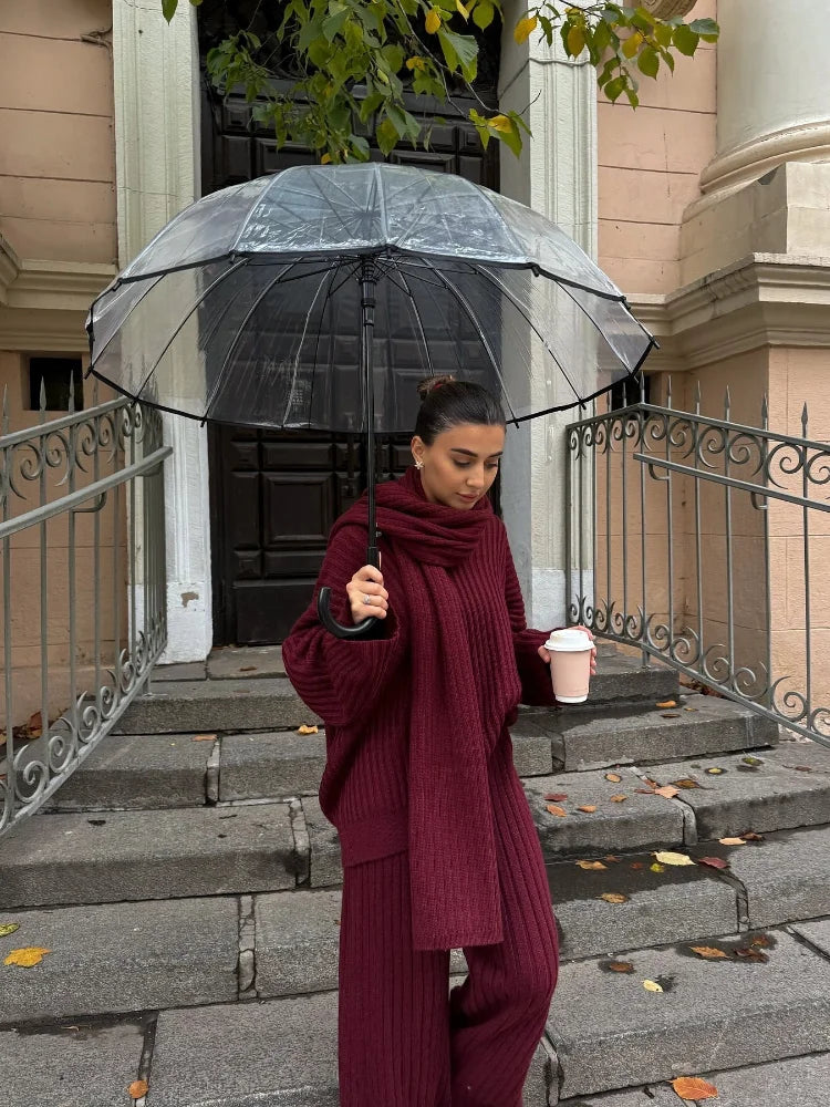 Dames Gebreide Lounge Set – Grijs, 3-Delig met Trui, Broek & Sjaal