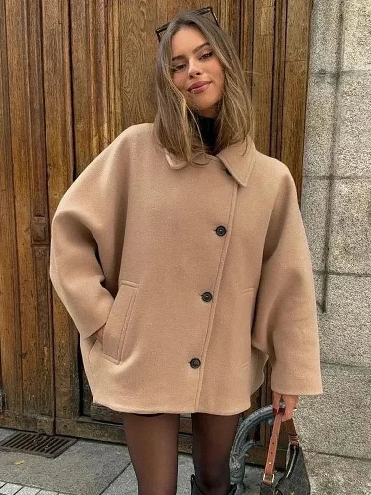 Dames Wolmix Jas – Oversized Revers Jas voor Lente en Herfst