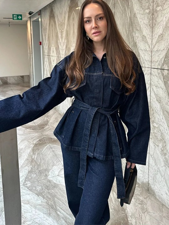 Dames Denim Set – Vintage Jas en Broek met Ceintuur