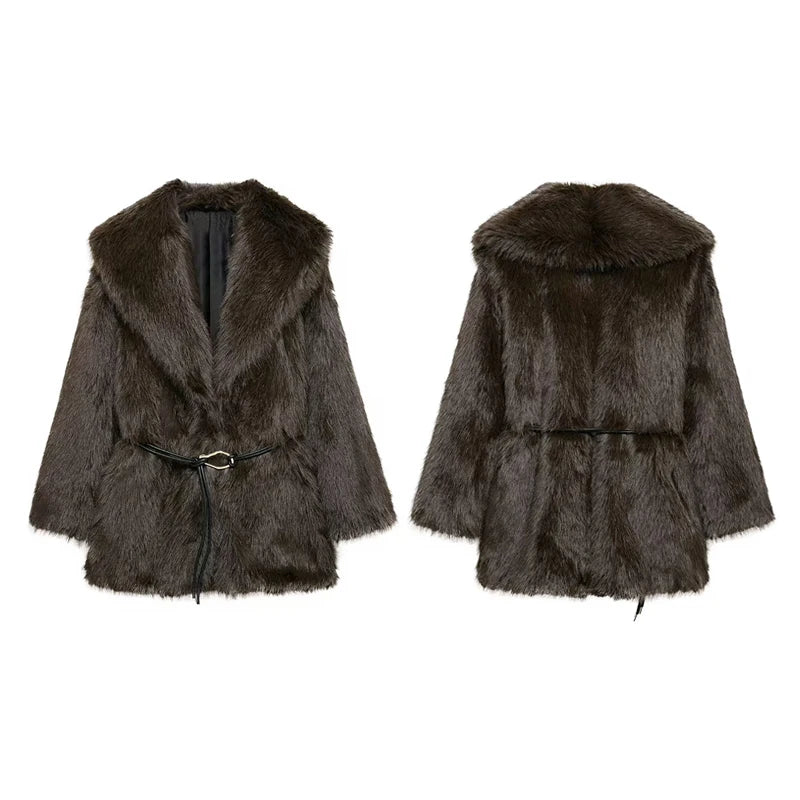Vintage Faux Bontjas voor Dames – Luxe Herfst/Winterjas met Riem