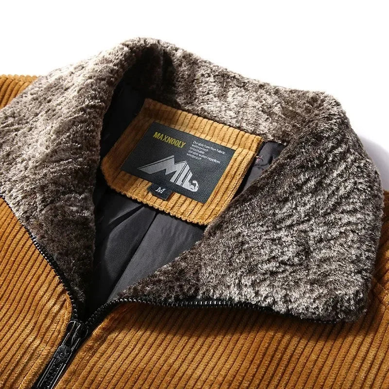 Heren Corduroy Jas met Bontkraag – Warme, Winddichte Winterjas