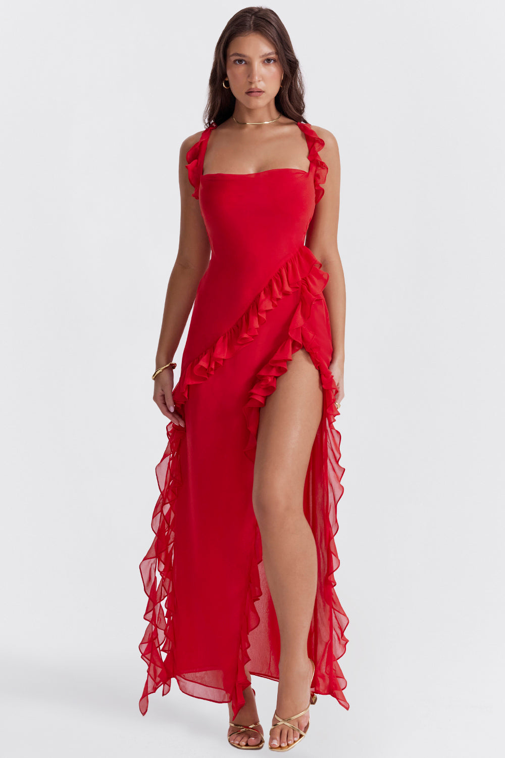 Dames Ruffle Maxi Jurk – Mouwloos, Elegante Pasvorm & Zomerlook