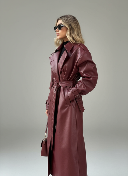 Dames Leren Trenchcoat – Bordeauxrode PU-Leren Jas met Ceintuur