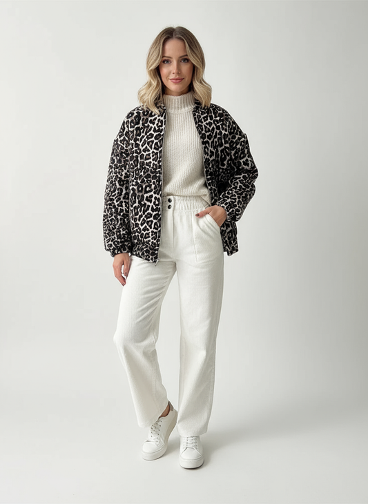 Dames Jas met Luipaardprint – Modieuze Herfstjas met Ritssluiting