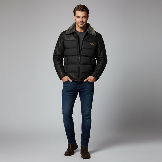 Heren Leren Donsjack – Luxe Winterjas met Warme Donsvoering