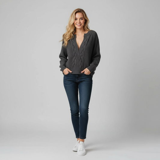 Gebreide V-Hals Hoodie voor Dames – Losse en Comfortabele Herfst Pullover