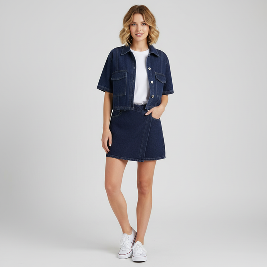 Dames Denim Co-Ord Set – Slim Fit Top & Asymmetrische Rok
