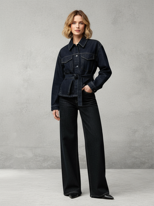 Dames Denim Set – Vintage Jas en Broek met Ceintuur