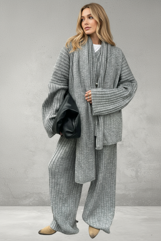 Dames Gebreide Lounge Set – Grijs, 3-Delig met Trui, Broek & Sjaal