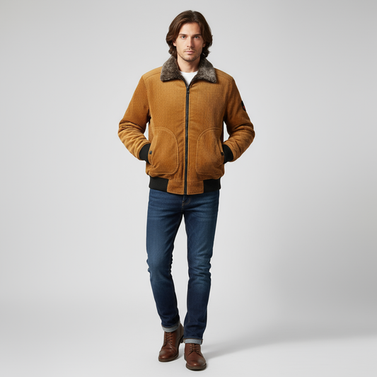 Heren Corduroy Jas met Bontkraag – Warme, Winddichte Winterjas
