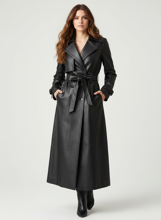 Lange Lederen Trenchcoat met Hoge Kraag voor Dames