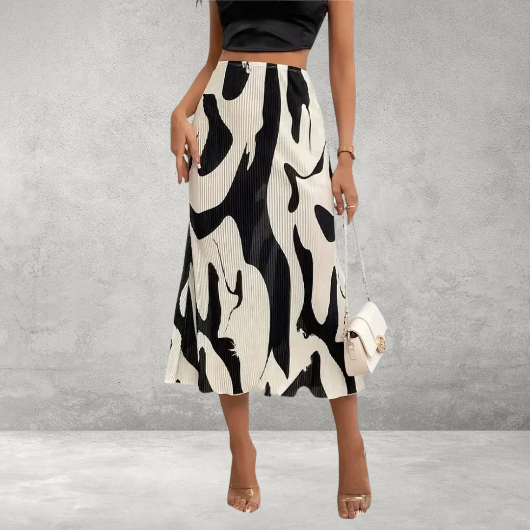 Dames Midi-Rok – Geplooid Model met Grafische Print en Hoge Taille