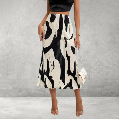 Dames Midi-Rok – Geplooid Model met Grafische Print en Hoge Taille