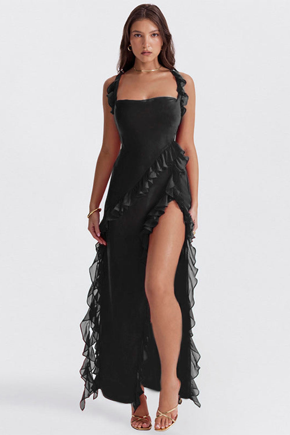 Dames Ruffle Maxi Jurk – Mouwloos, Elegante Pasvorm & Zomerlook