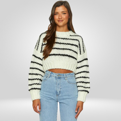 Dames Cropped Sweater – Cozy Gestreepte Trui met Oversized Mouwen