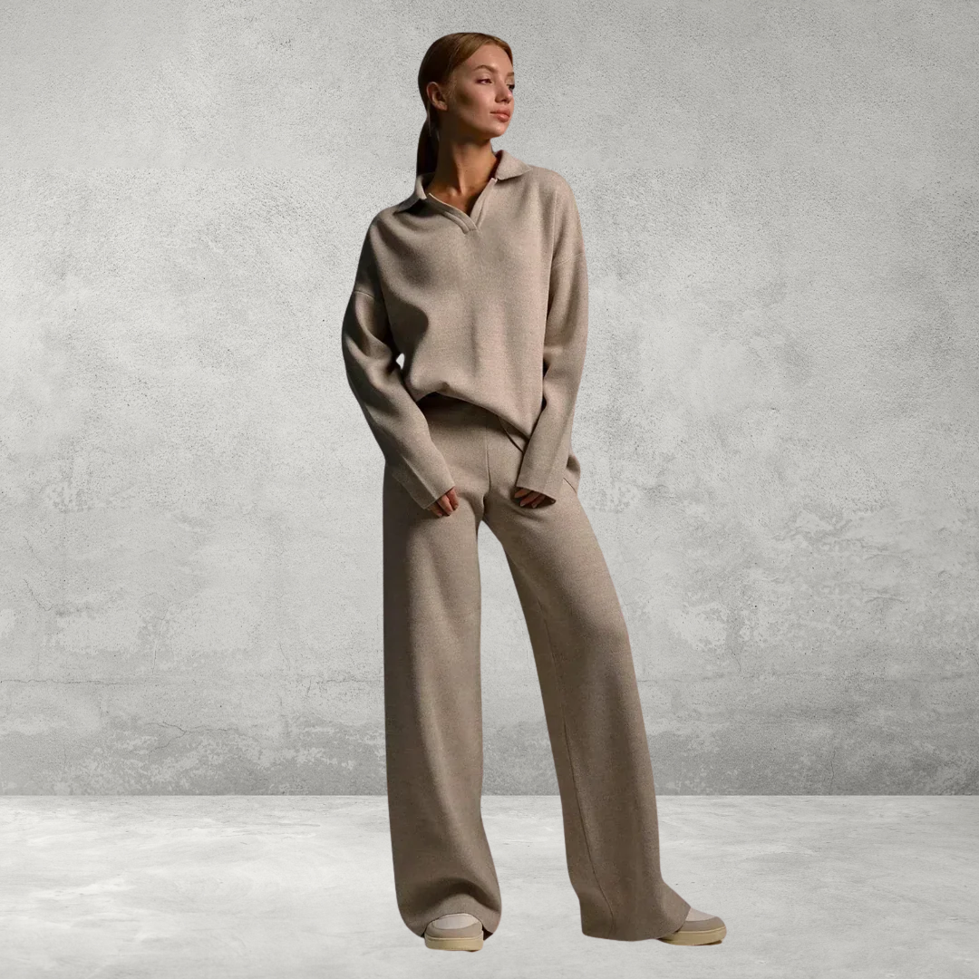 Dames Gebreide Set – 2-Delig met Polo Nek Sweater & Wijde Broek