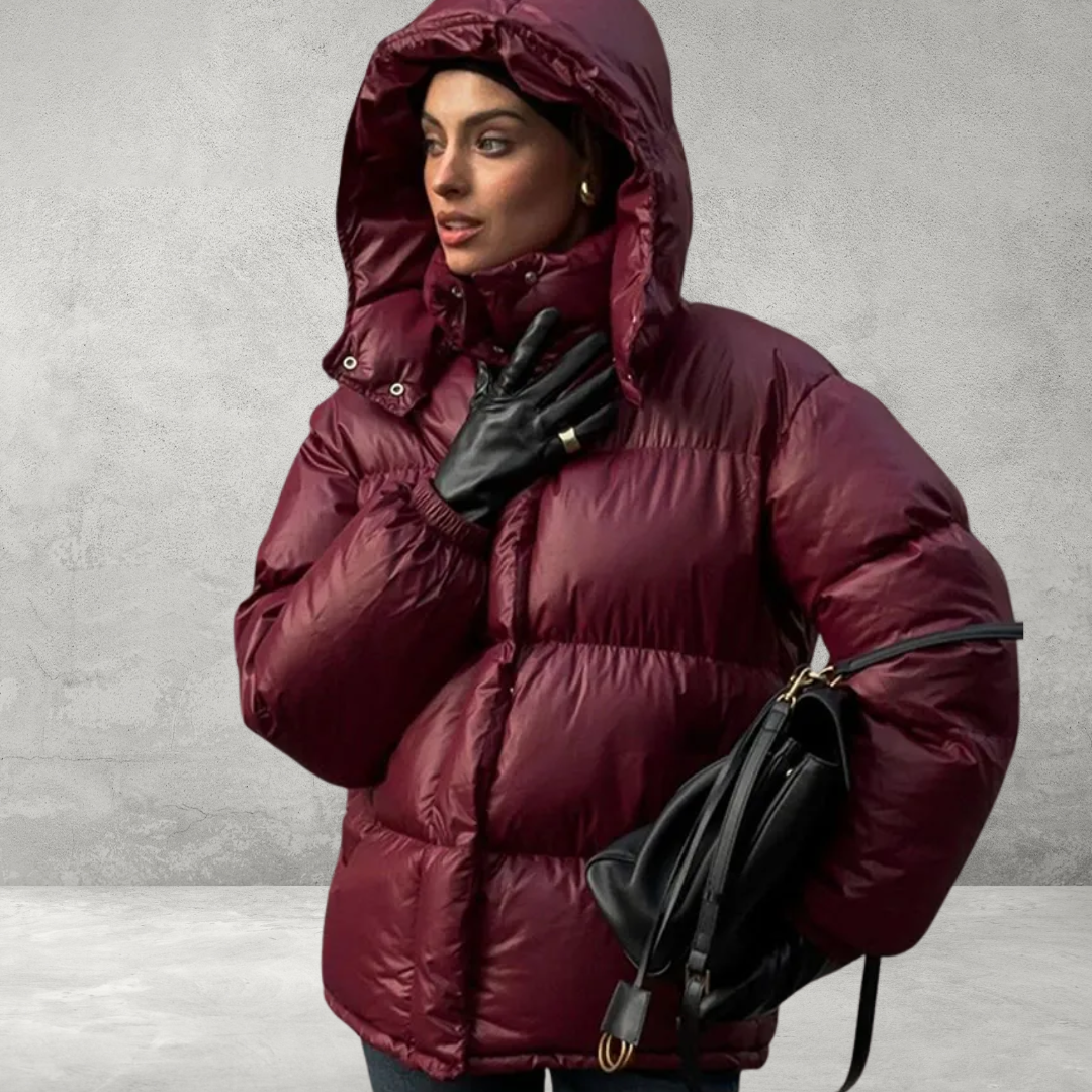 Dames Gewatteerde DonsJas | Bordeauxrode Winterjas met Capuchon