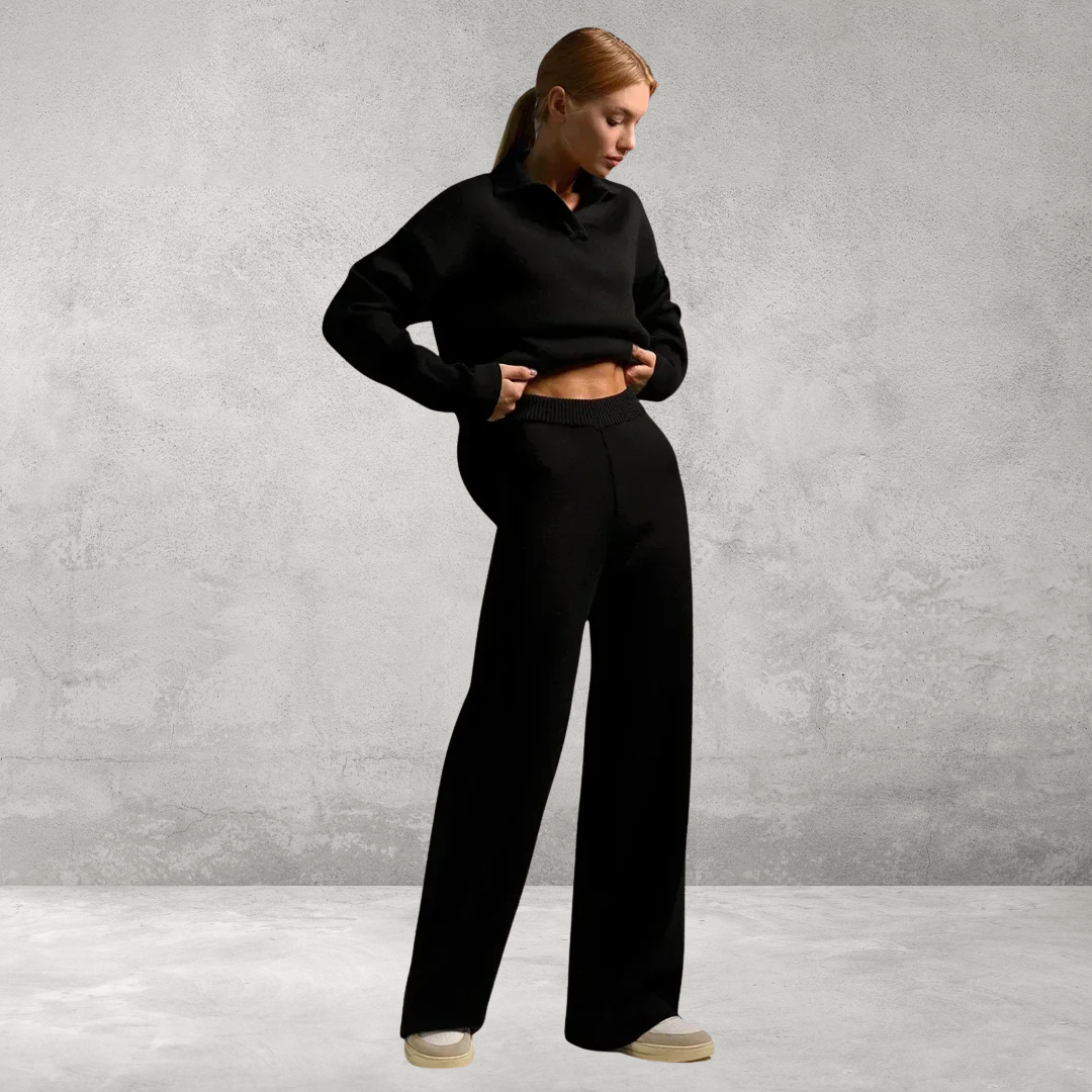 Dames Gebreide Set – 2-Delig met Polo Nek Sweater & Wijde Broek