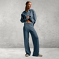 Dames Gebreide Set – 2-Delig met Polo Nek Sweater & Wijde Broek