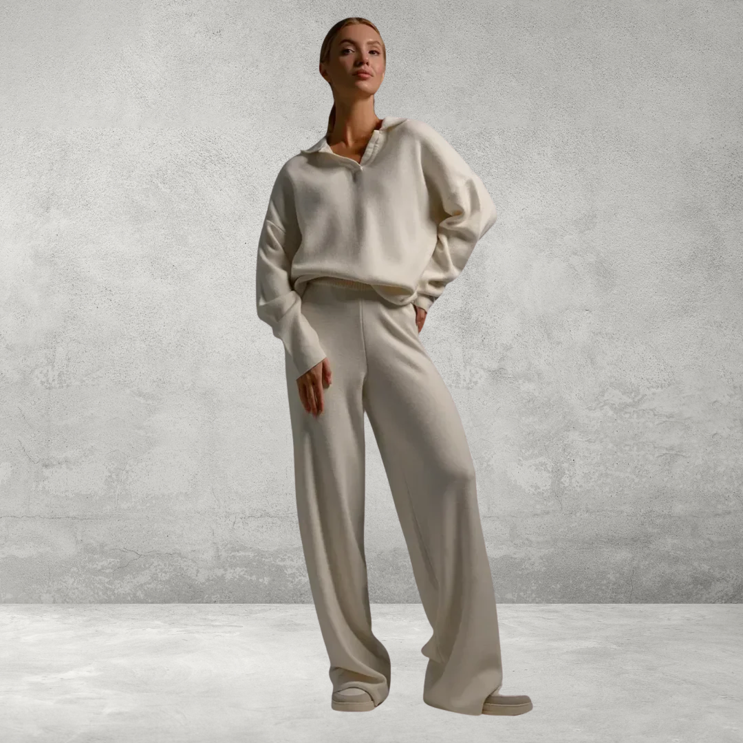 Dames Gebreide Set – 2-Delig met Polo Nek Sweater & Wijde Broek