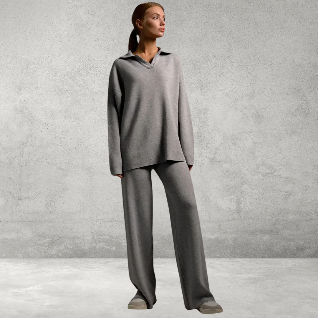 Dames Gebreide Set – 2-Delig met Polo Nek Sweater & Wijde Broek
