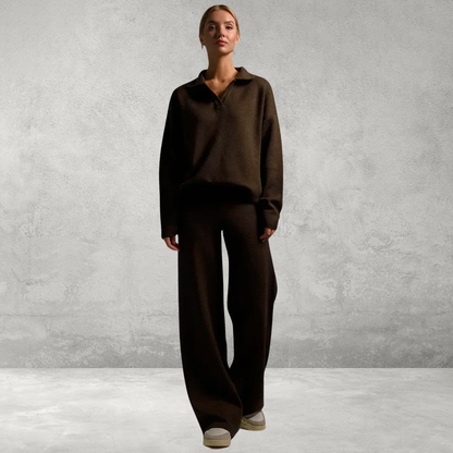 Dames Gebreide Set – 2-Delig met Polo Nek Sweater & Wijde Broek
