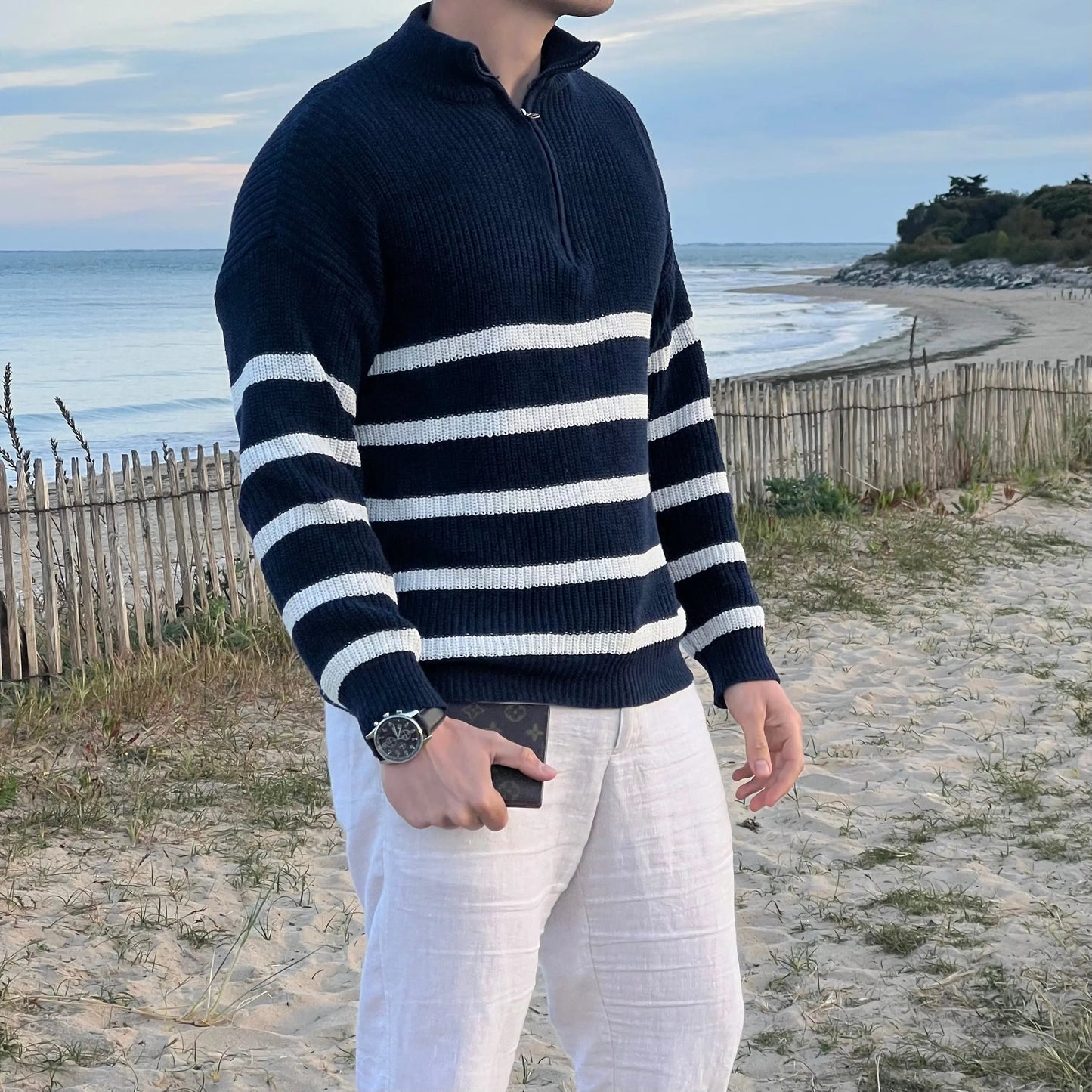 Heren Gestreepte Halve Rits Trui – Tijdloze Stijl en Elegant Comfort