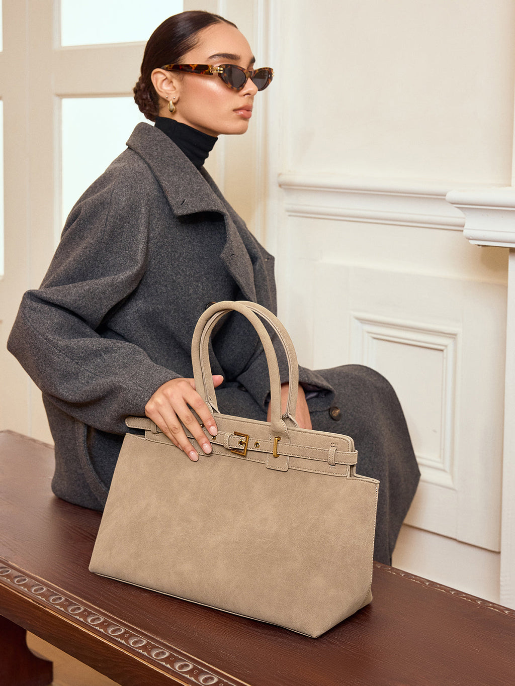 Beige Dames Handtas in Suède