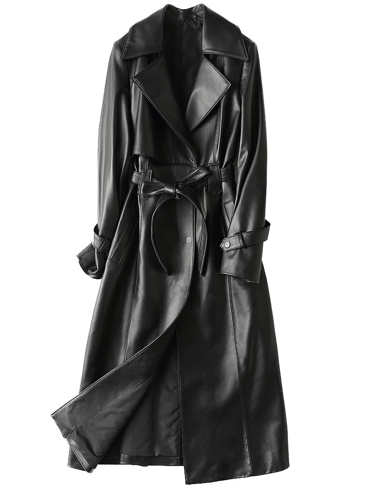 Lange Lederen Trenchcoat met Hoge Kraag voor Dames