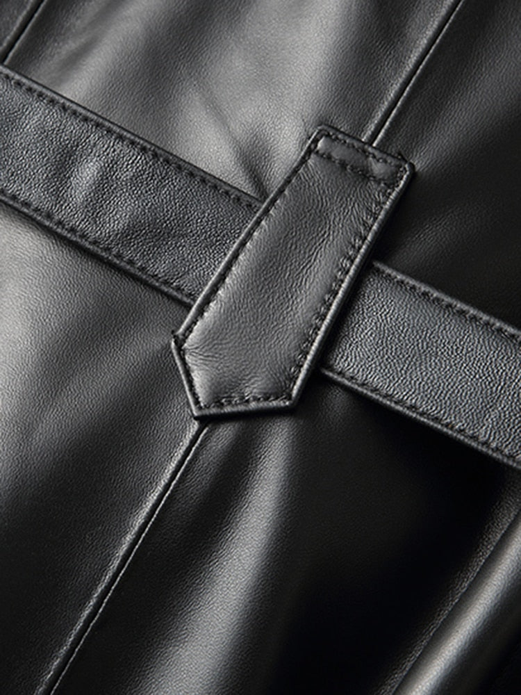 Lange Lederen Trenchcoat met Hoge Kraag voor Dames