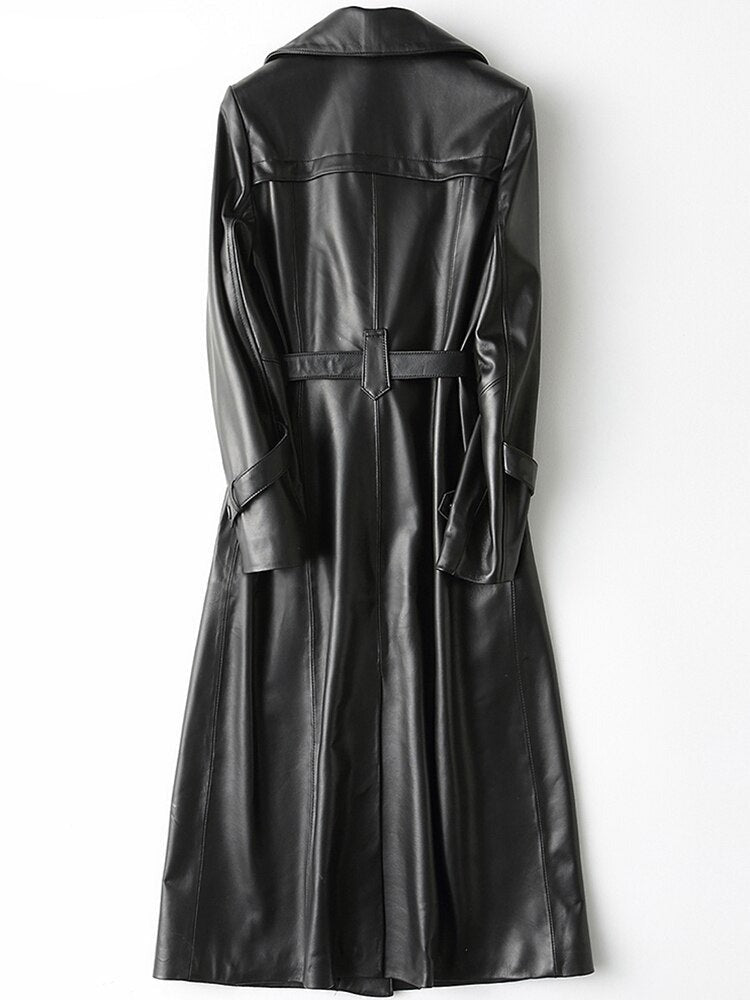 Lange Lederen Trenchcoat met Hoge Kraag voor Dames