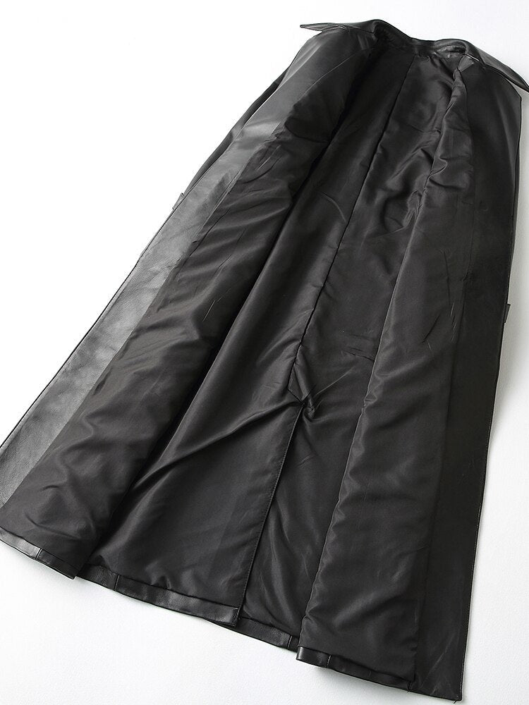 Lange Lederen Trenchcoat met Hoge Kraag voor Dames