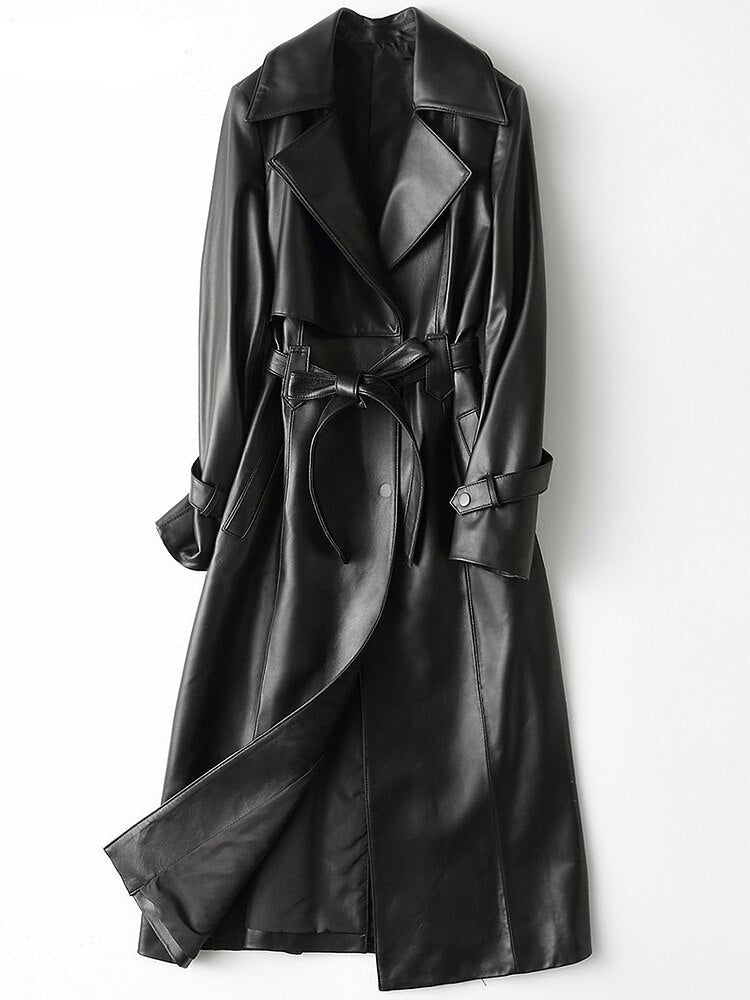 Lange Lederen Trenchcoat met Hoge Kraag voor Dames