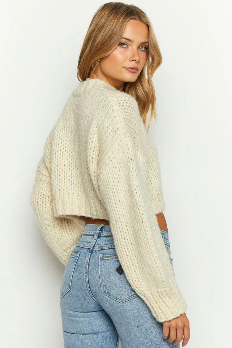 Dames Cropped Sweater – Cozy Gestreepte Trui met Oversized Mouwen