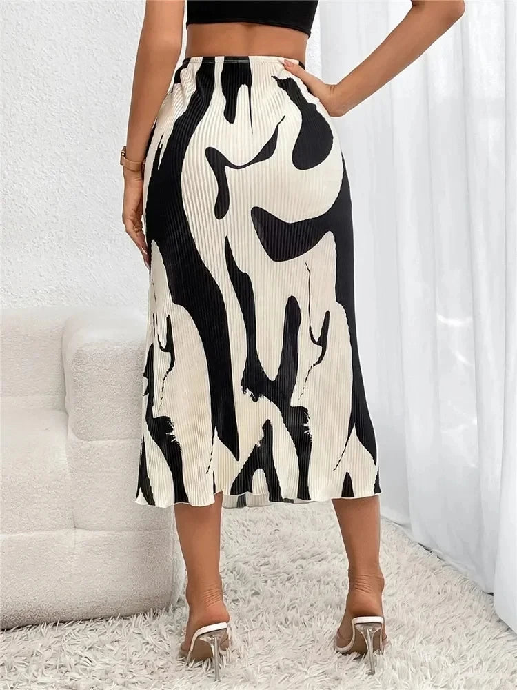 Dames Midi-Rok – Geplooid Model met Grafische Print en Hoge Taille