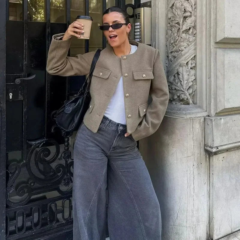 Dames Cropped Jas – Elegante Korte Jas met Knopen