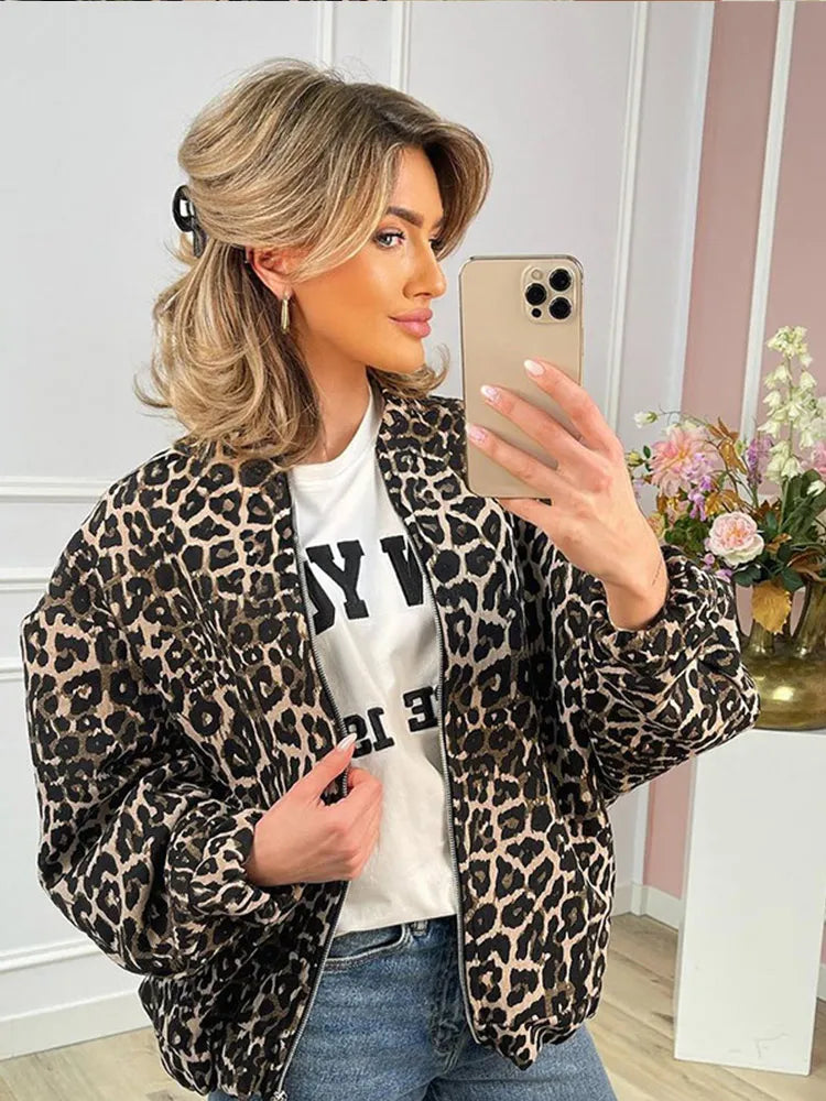 Dames Jas met Luipaardprint – Modieuze Herfstjas met Ritssluiting