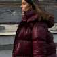 Dames Gewatteerde DonsJas Bordeauxrode Winterjas met Capuchon