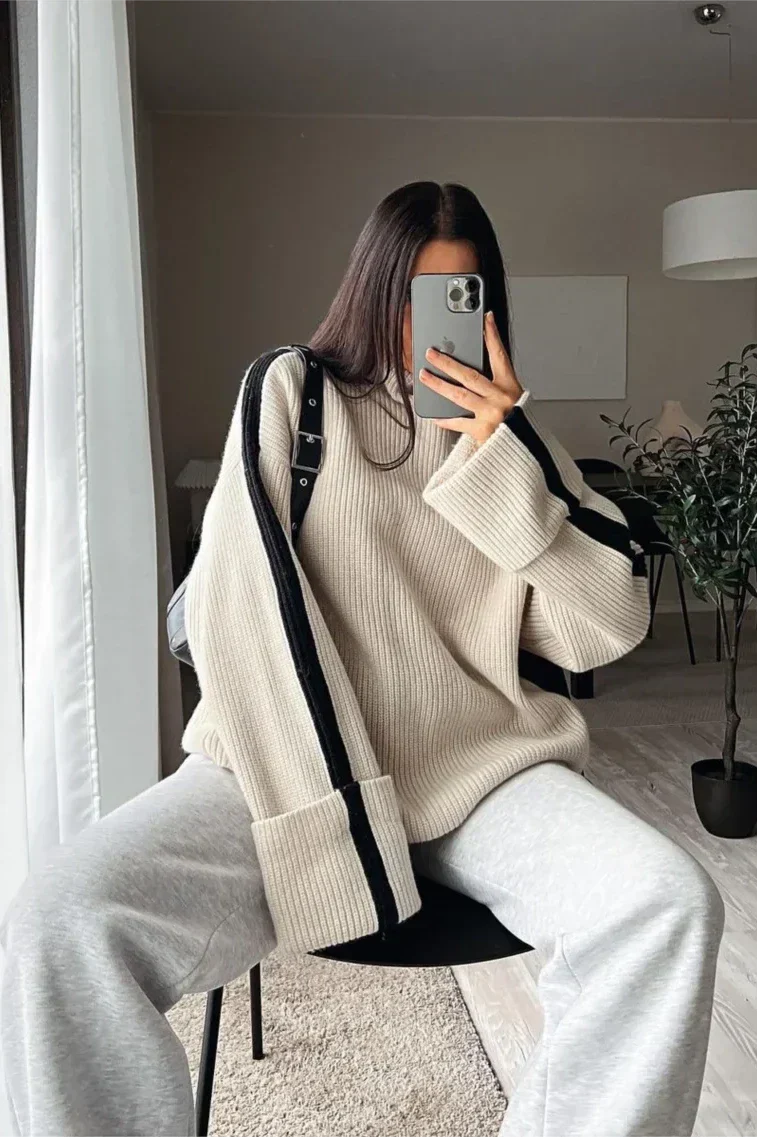 Dames Urban Stripe Sweater – Oversized Geribbelde Trui met Strepen