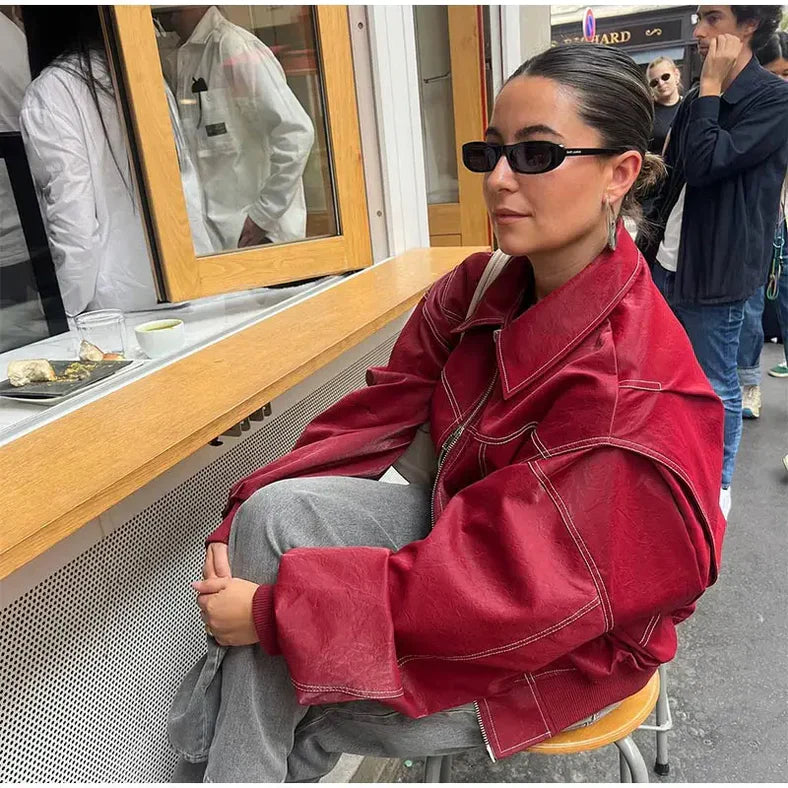Dames Leren Oversized Jas – Rode Statement Jacket